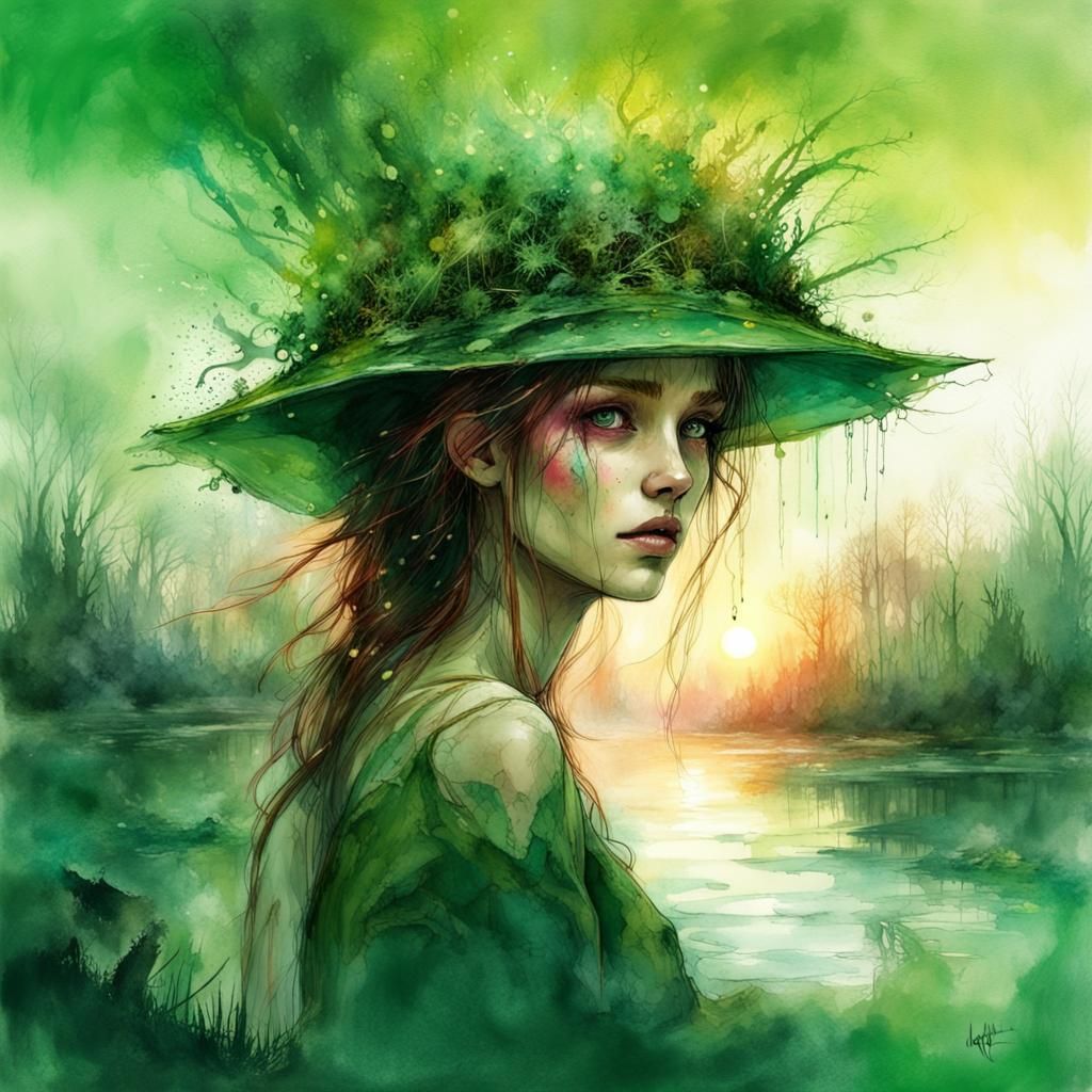 Poison Goddess in Swamp: Digital Watercolor Art