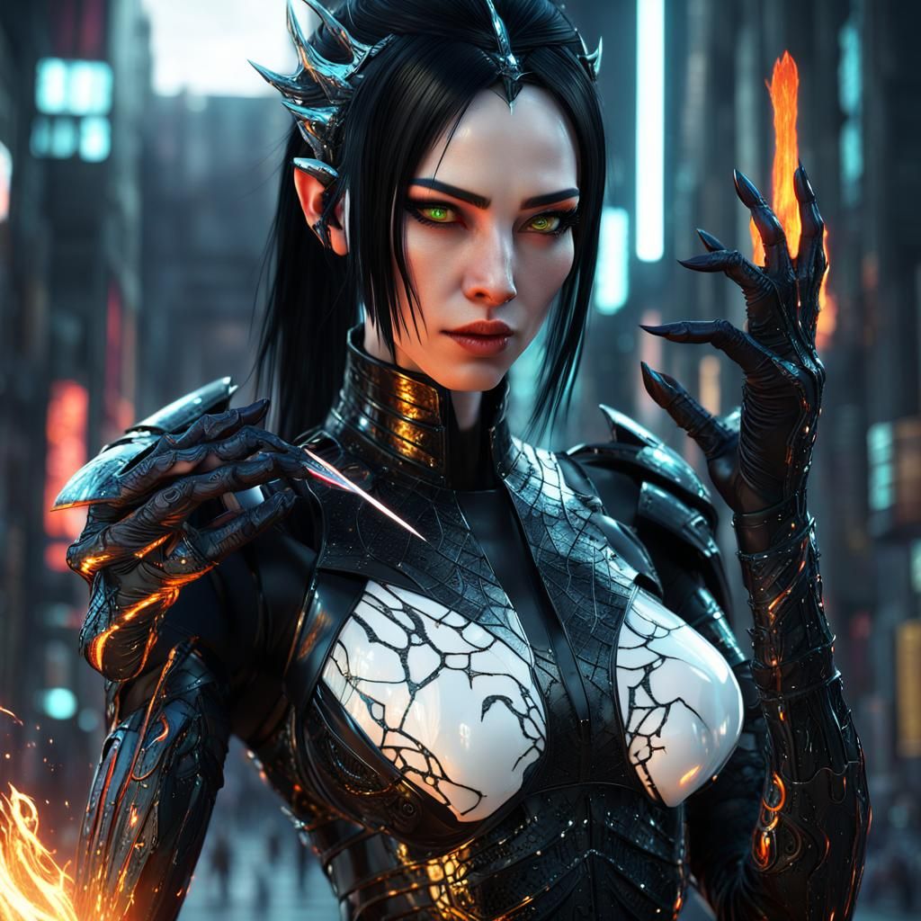 Dragon Girl in Cyberpunk Armor with Glowing Veins