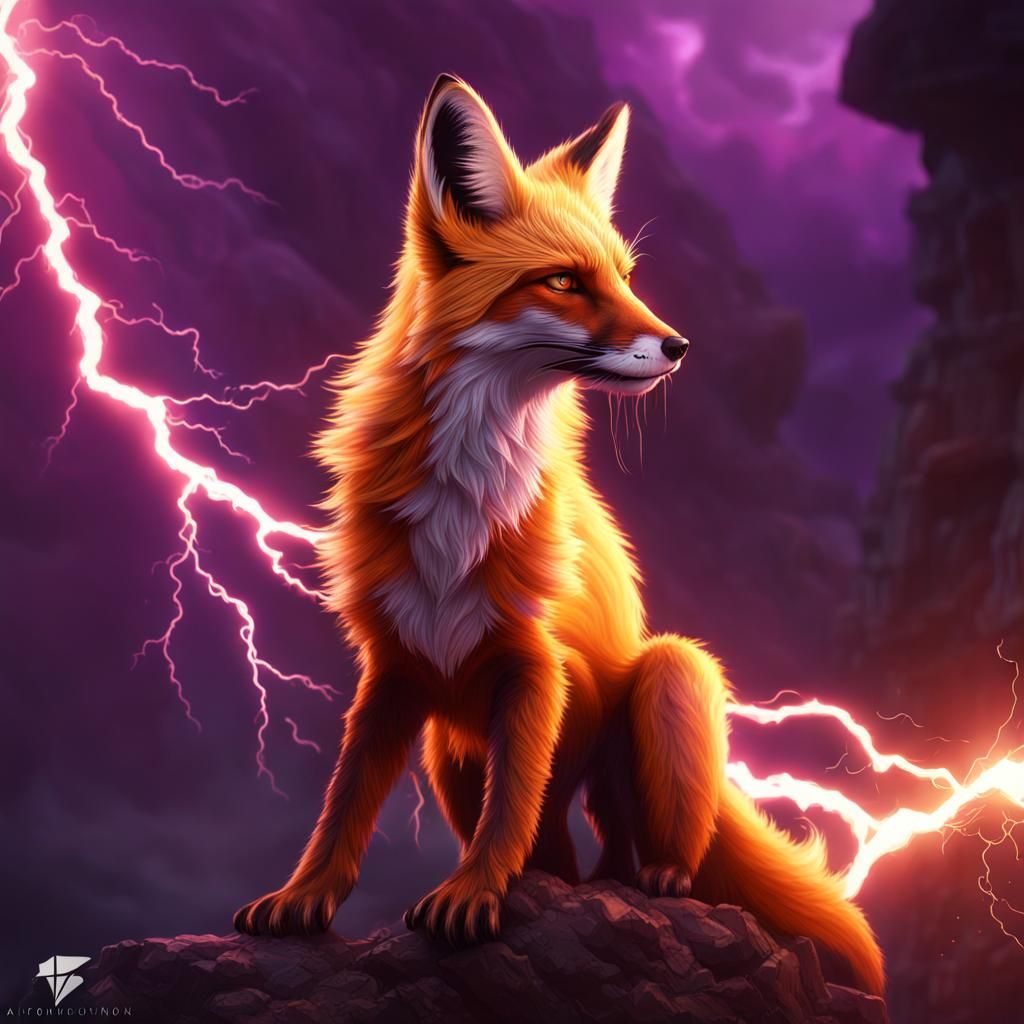 Fox Unleashing Crimson Lightning Magic, Detailed Fantasy Art