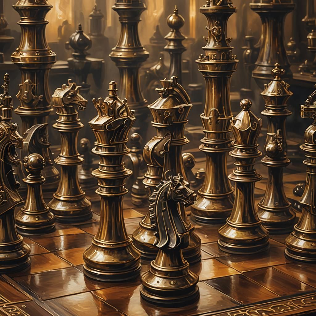 Steampunk Chess Pieces in Victorian Workshop, Oil Painting