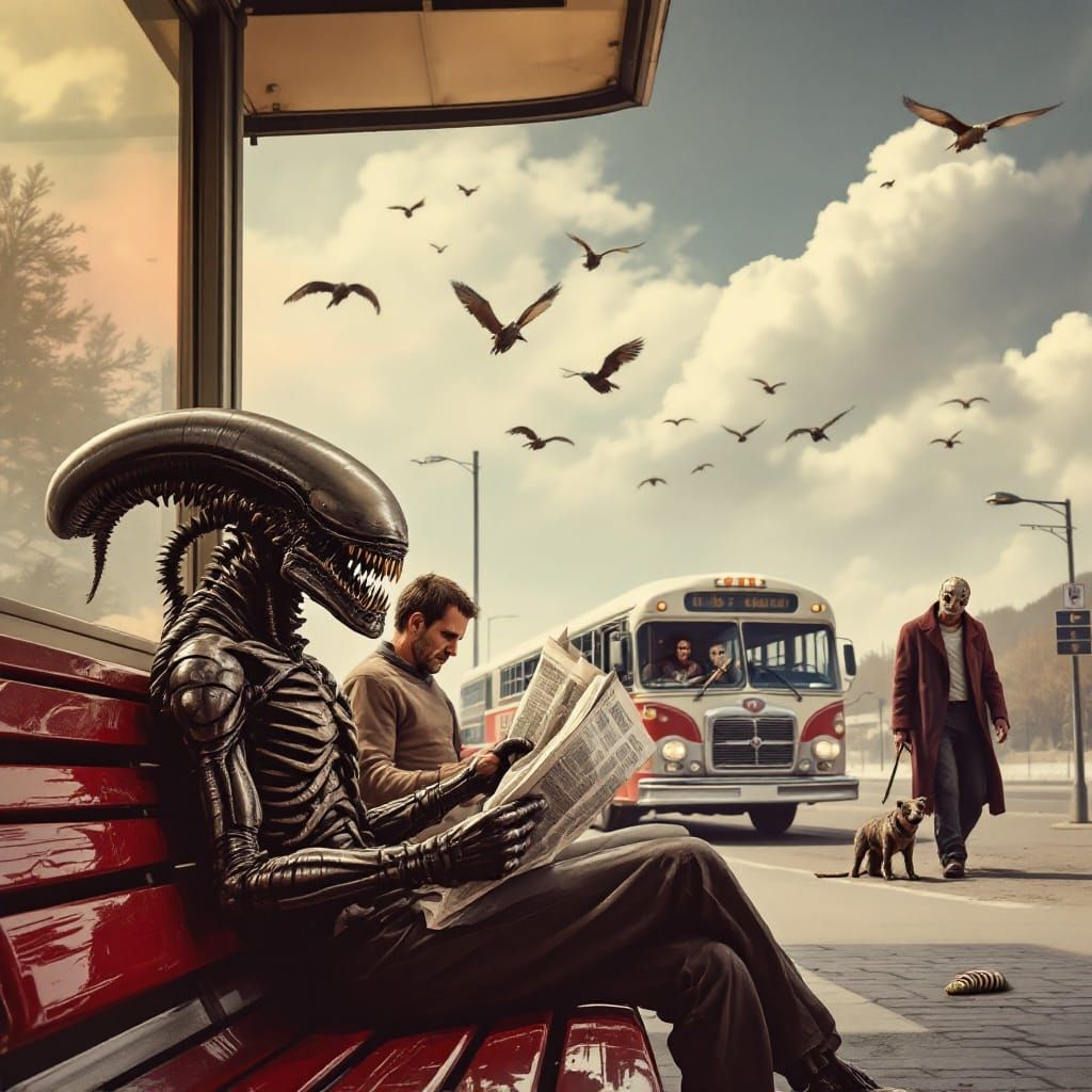 Xenomorph Reads Newspaper at Bus Stop, Beset by Horror Icons