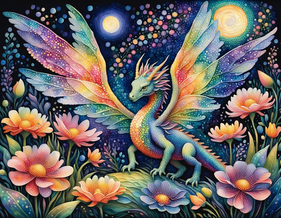 Ethereal Moonlit Garden with Dragons in Watercolor Pointilli...