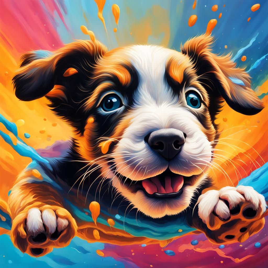 Upside Down Puppy: Hyperrealistic Splash Art