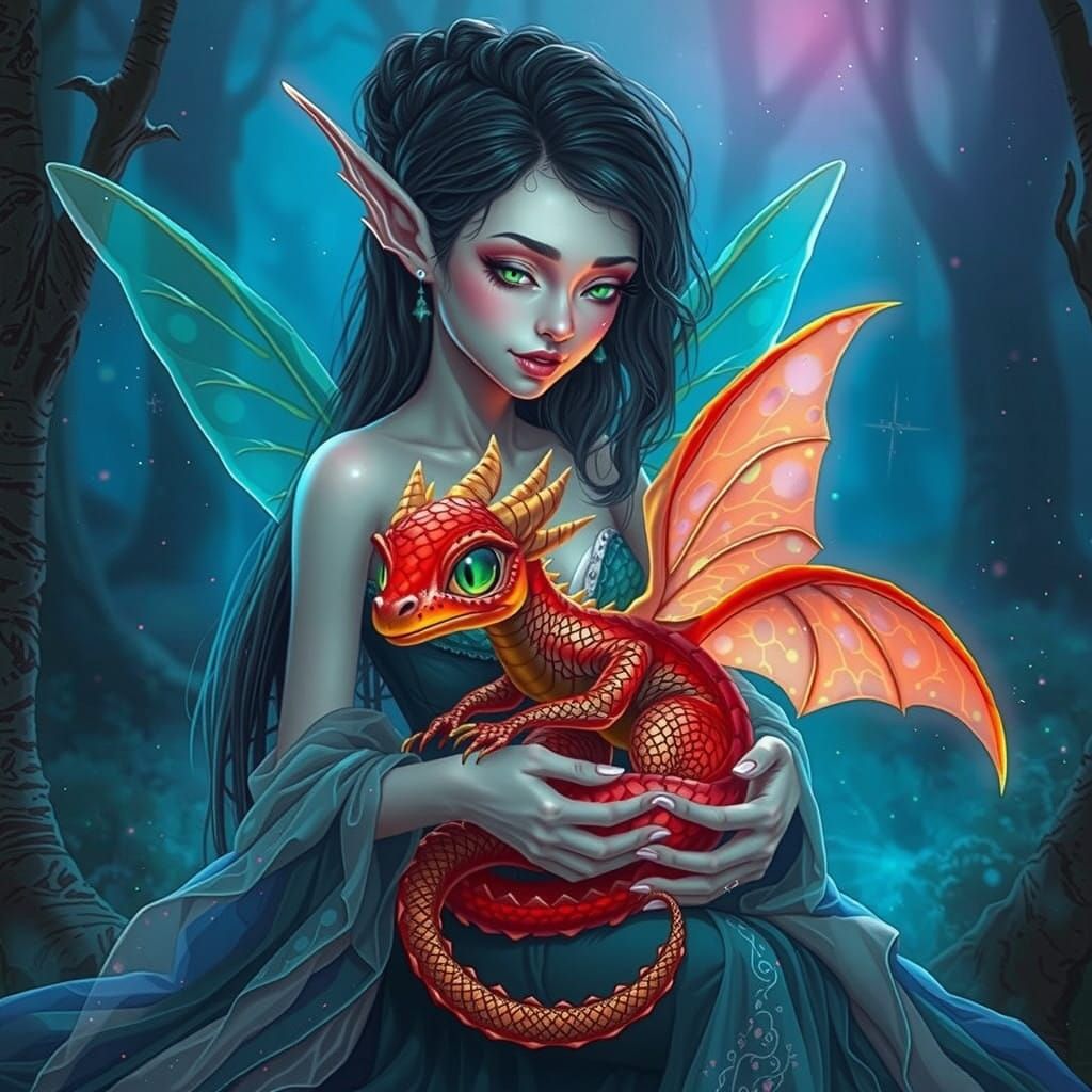 Cyberpunk Pixie Cares for Fledgling Dragon in Neon Forest