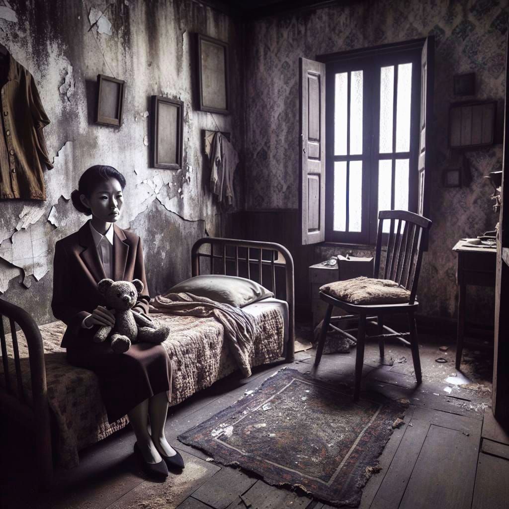 Abandoned Room: Asian Woman with Teddy Bear