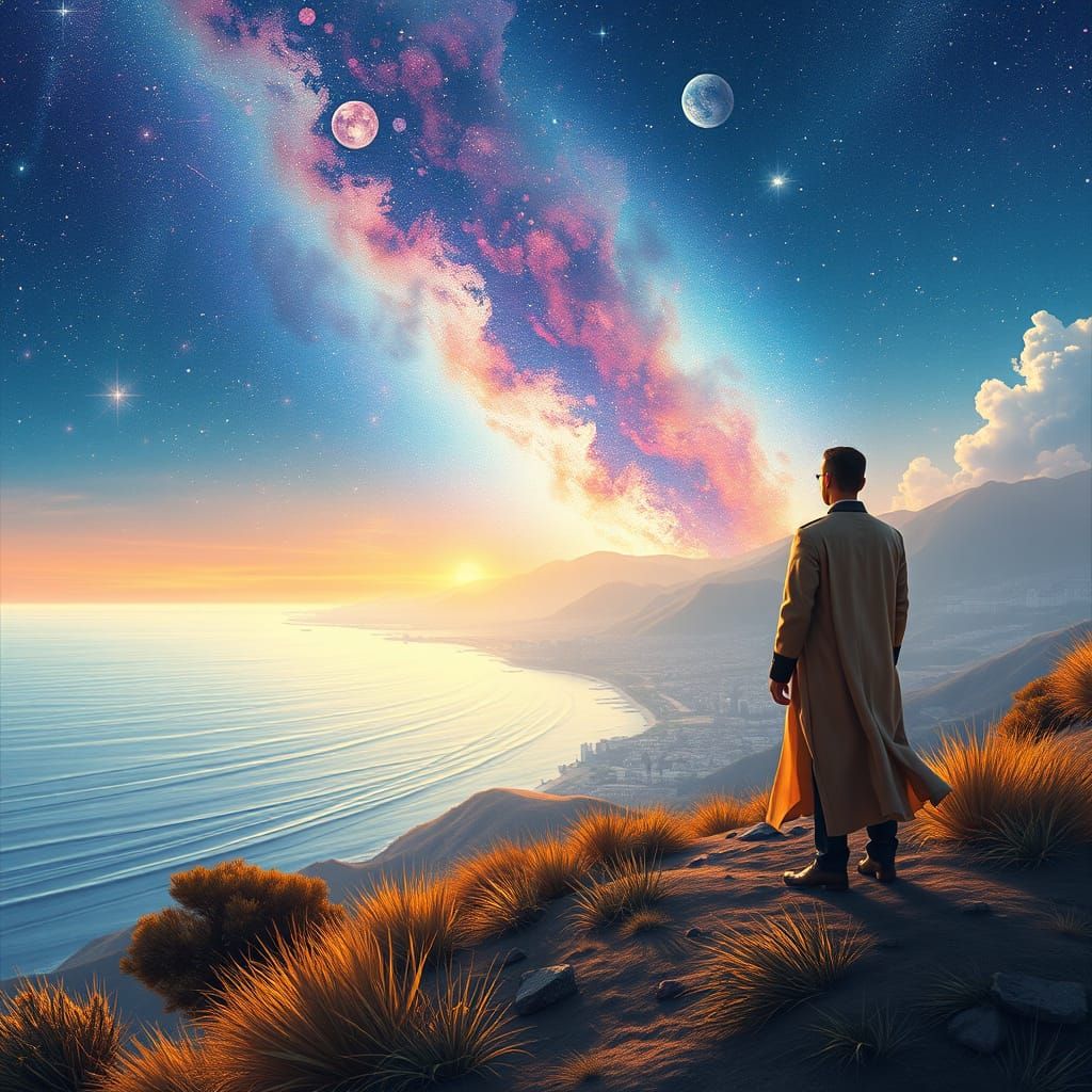 Elegant Man Overlooking the Sea in Holographic Art
