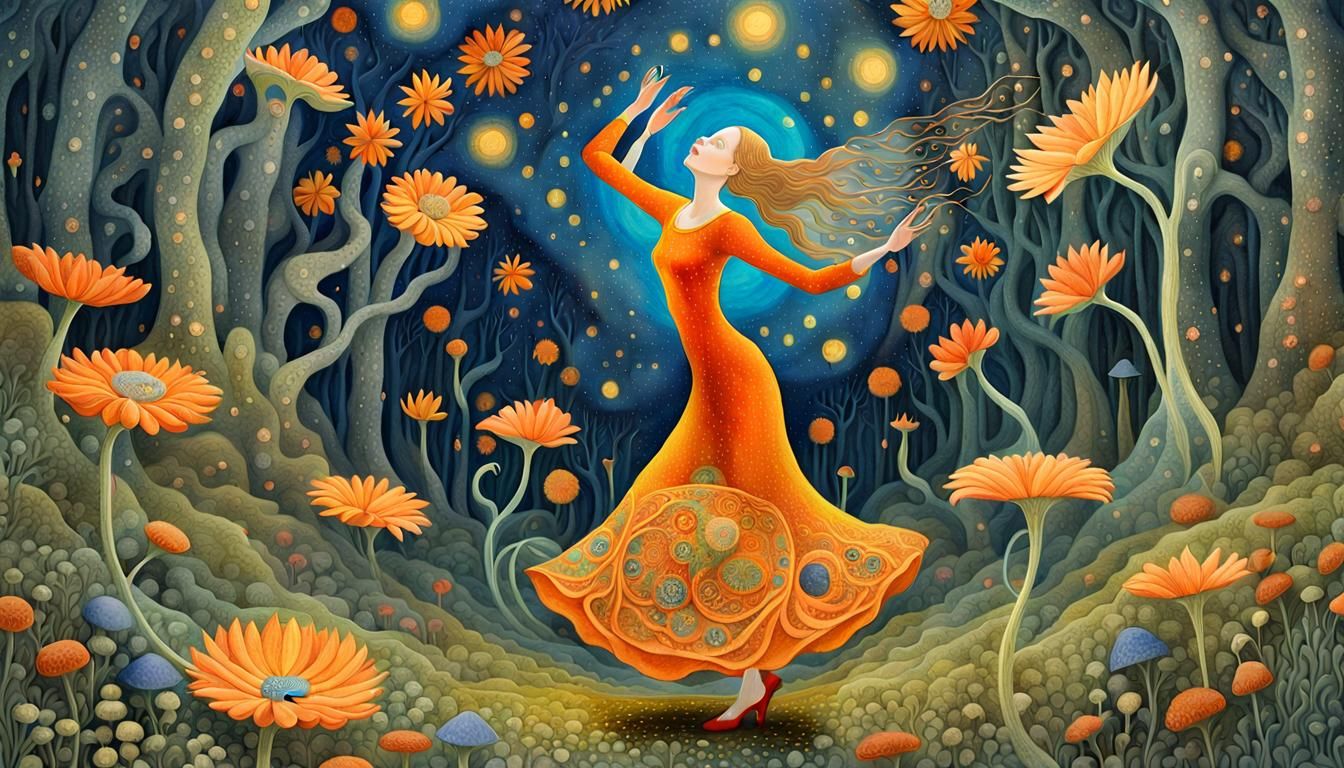Woman Dancing in Surreal Sun and Moon Flower
