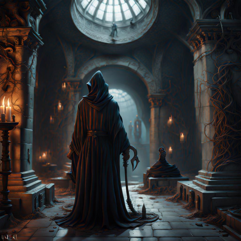 Man Traps Grim Reaper in Hourglass: Matte Painting