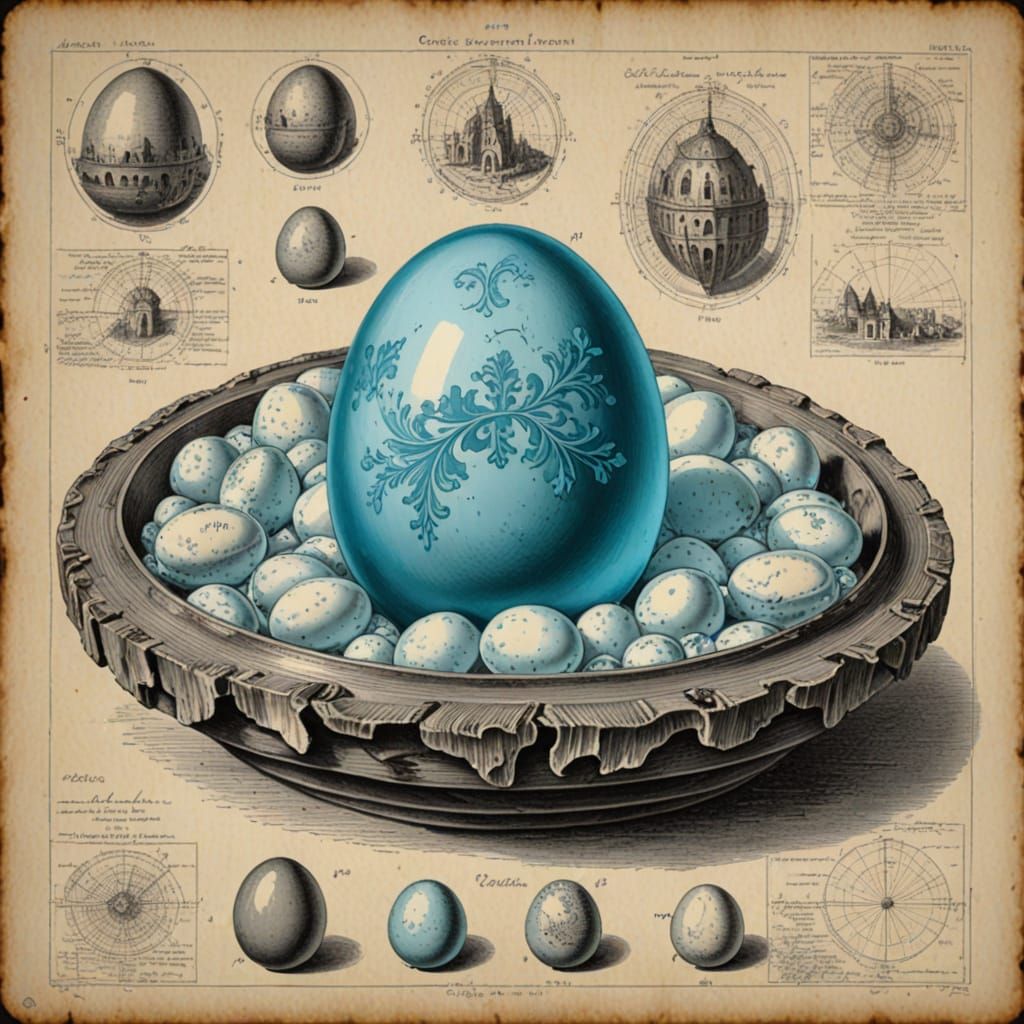 Easter Egg Blueprint Study in Cyan Pencil