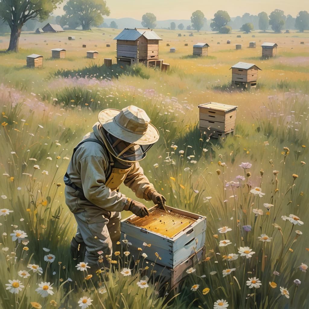 Impressionist Beekeeper Harvesting Honey in Blooming Meadow