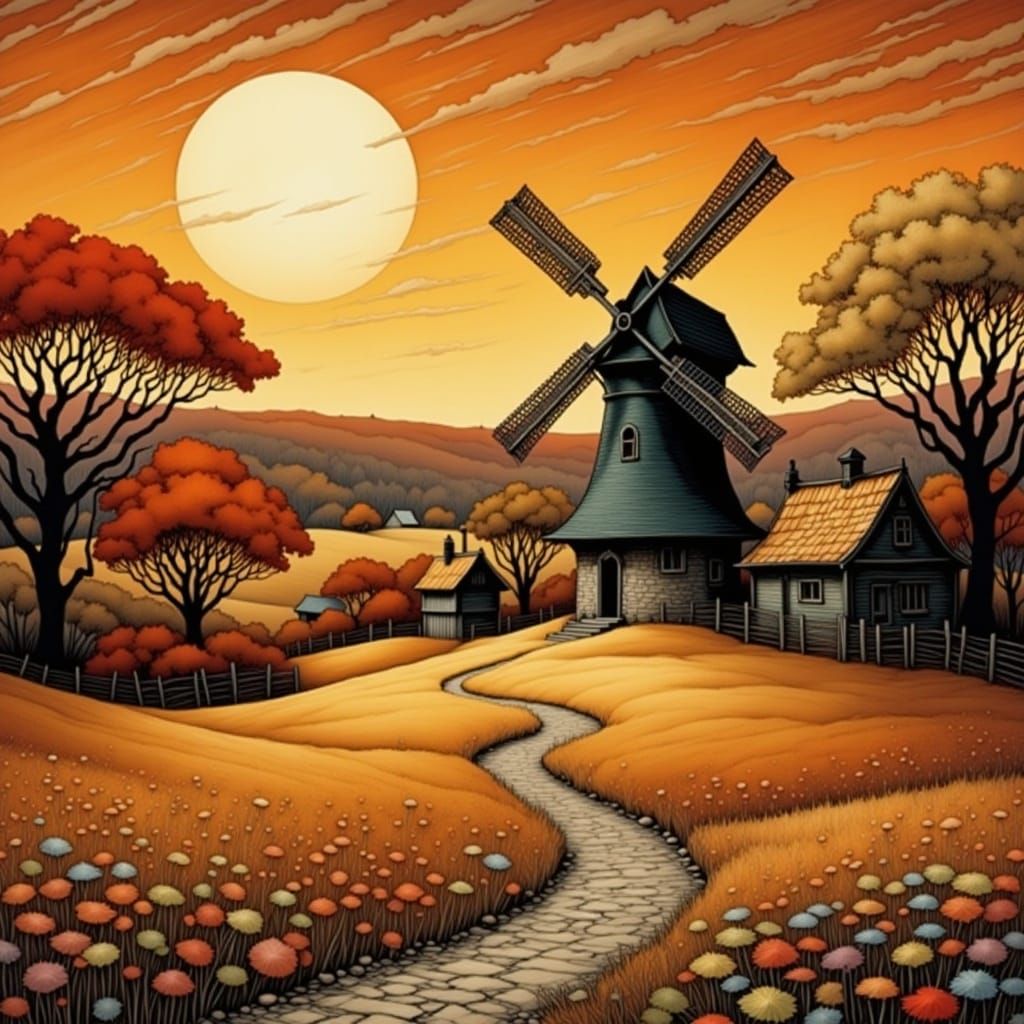 Autumn Windmill in Folk Art Style Landscape