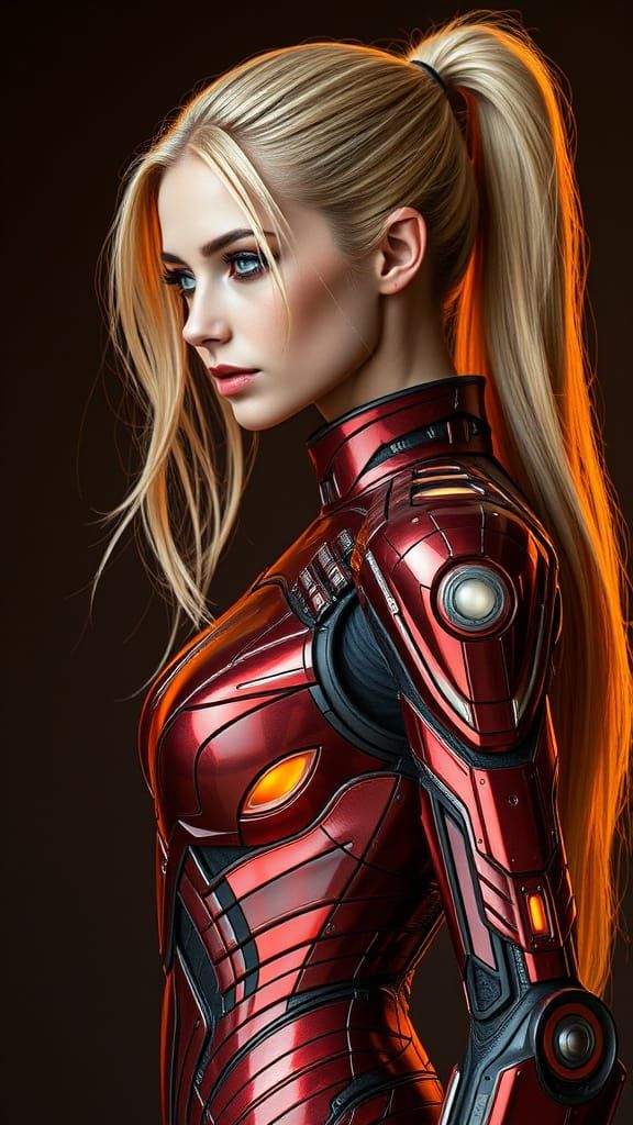 Slender Woman in Crimson Robotic Armor