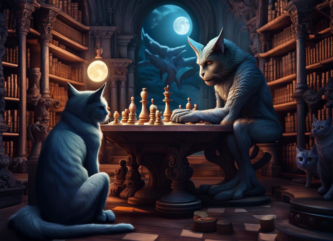 Gargoyle and Cat Chess Game in Spellroom