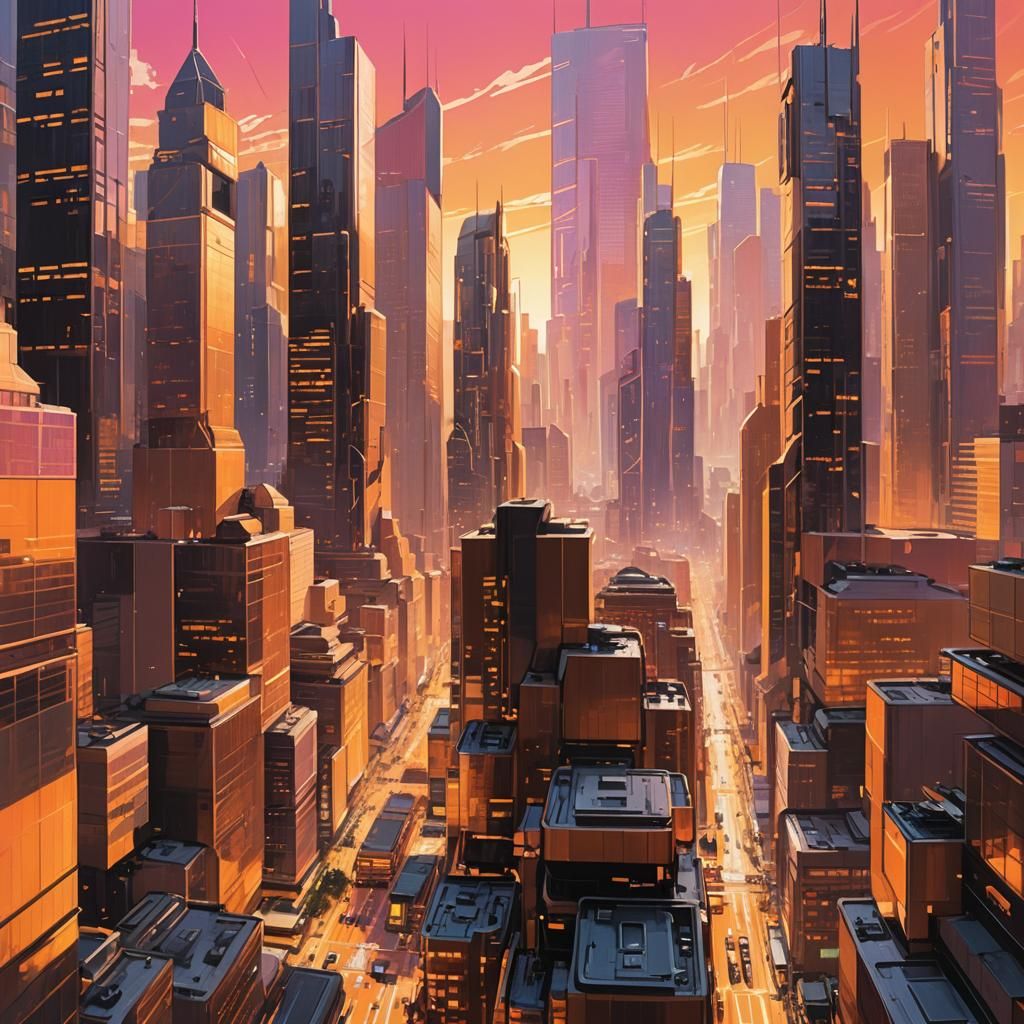 Golden Hour Cityscape in Futuristic Style