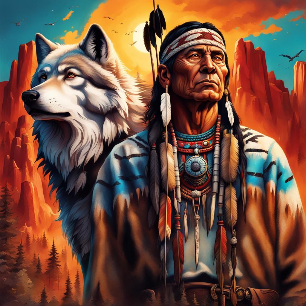 Native American Sioux Tribe and Wolf Totem
