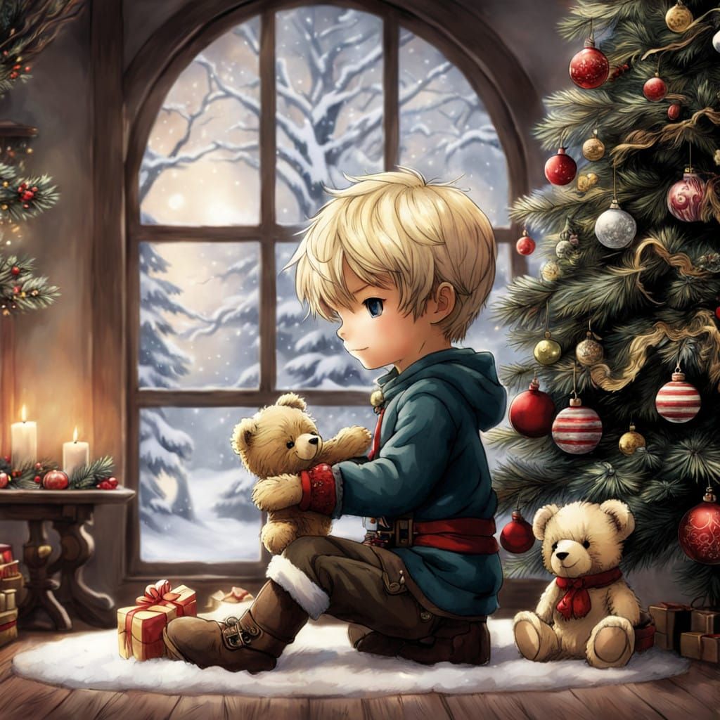 Chibi Boy and Teddy Bear Decorate Christmas Tree in Whimsica...