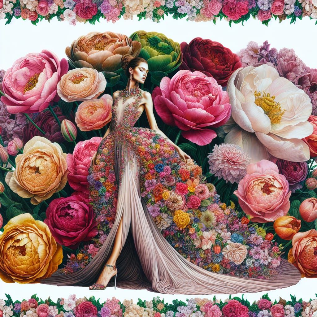Elegant Model Surrounded by Vibrant Flowers