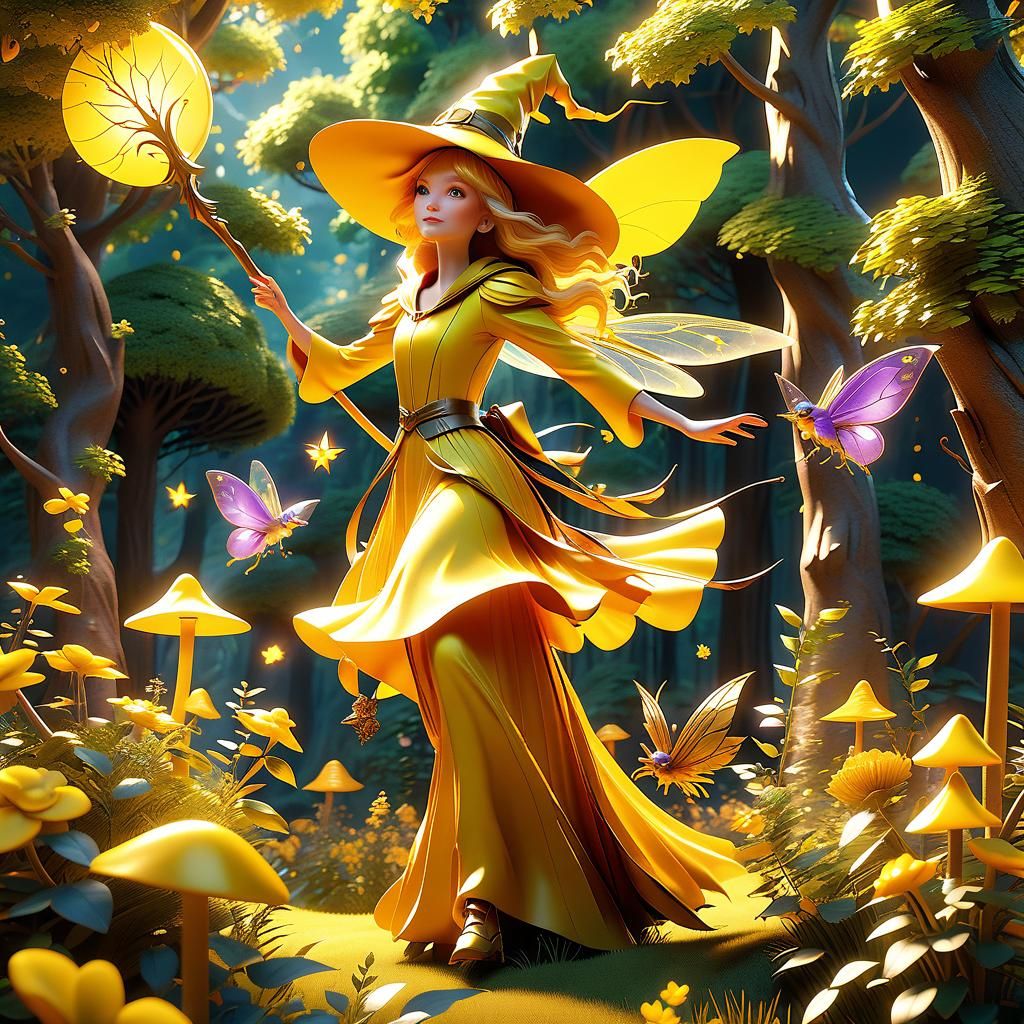 Yellow Witch Hunts Fairies in Fantasy World, Pixar Style