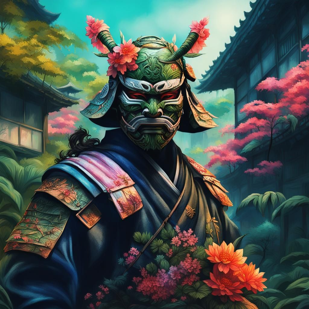 Samurai Warrior in Neon Jungle City: Splash Art