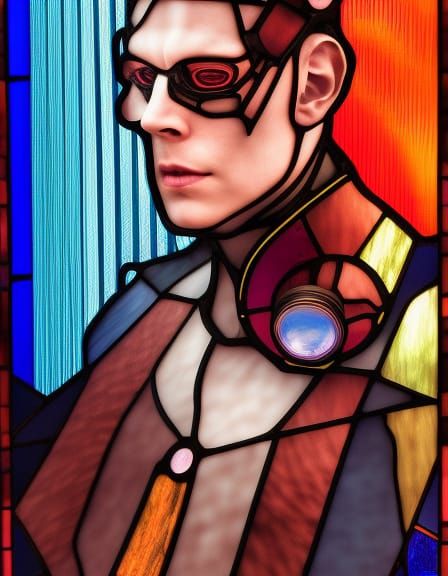 Cyberpunk Man Head: Bauhaus Poster with Steampunk Engine