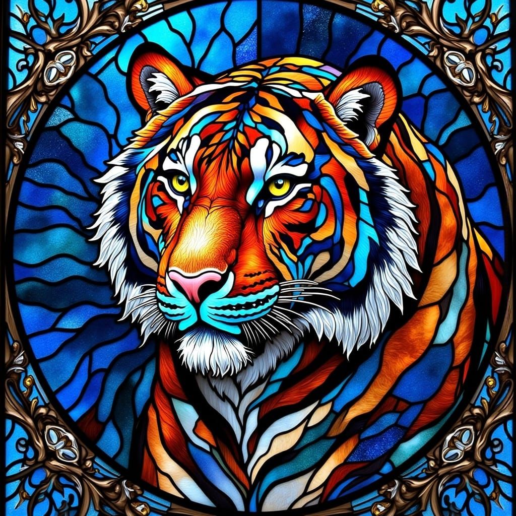 Vibrant Stained Glass Tiger in Art Nouveau Style