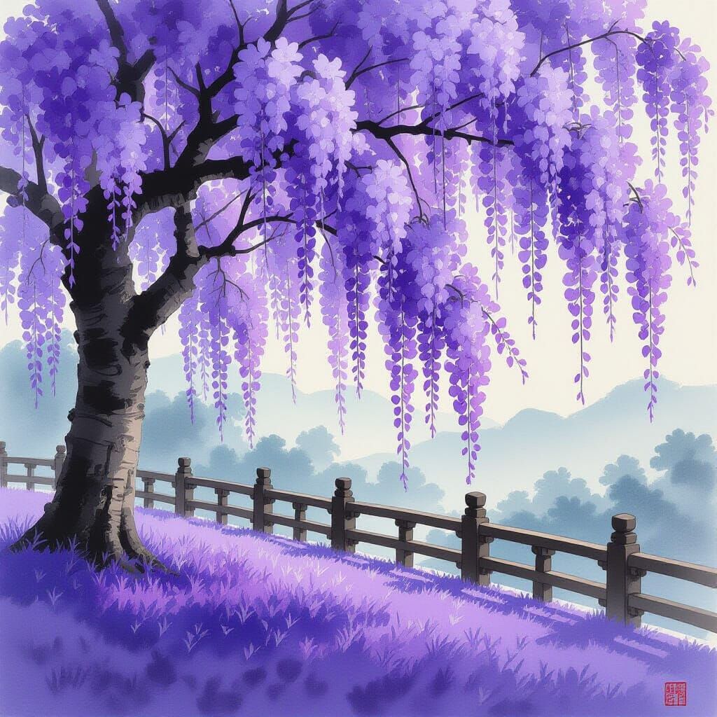 Ethereal Wisteria Blossoms in Shin Hanga Style