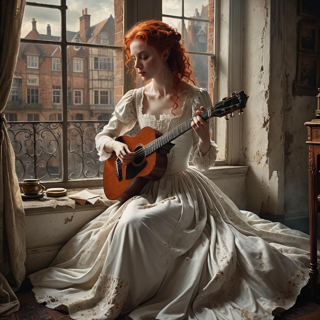 Woman with Electric Guitar in 17th Century Style