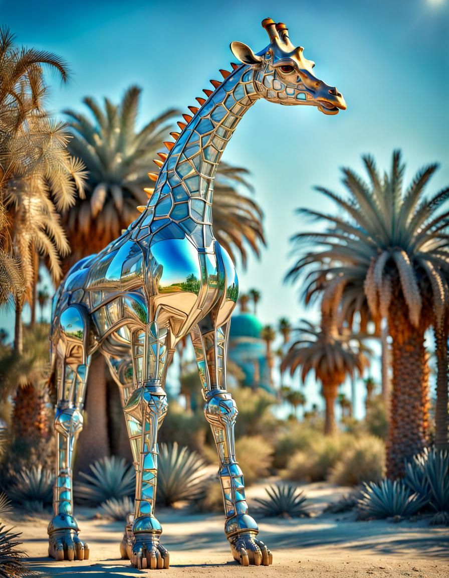 Giraffe Crocodile Sculpture in Retrofuturist Desert Oasis