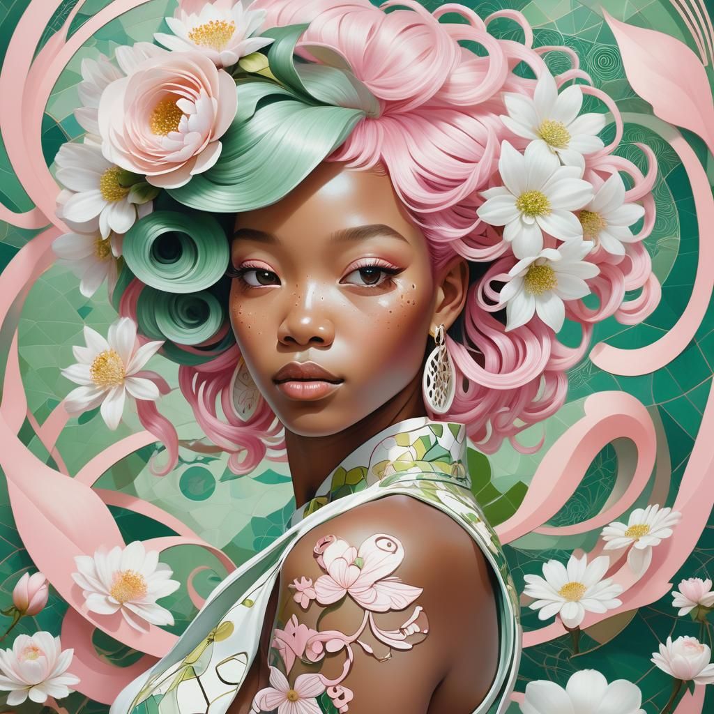 Elegant Woman with Flowers in Dreamy Surrealism Style