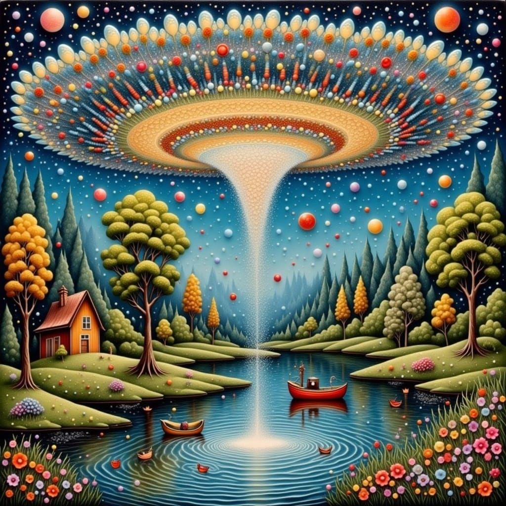 UFO Over Pond in Folk Art Style