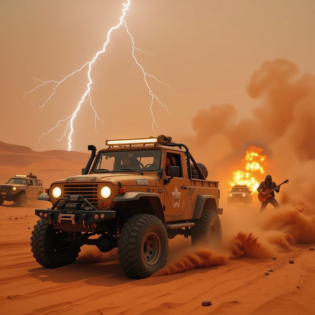 A battle-scarred woman driving a spiked war truck through a massive sandstorm, lightning flashing behind, vehicles in pu...