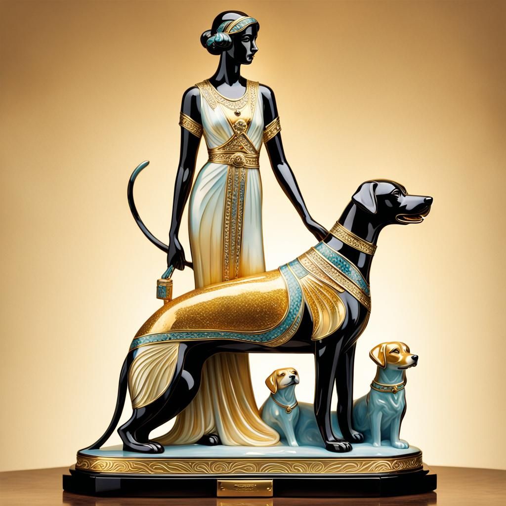 Enamelled Art Deco Lady with Hound Statue