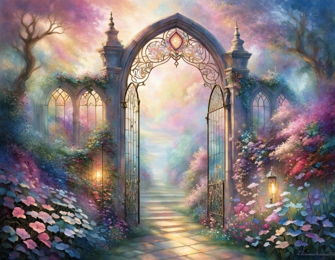 Ethereal Stained Glass Garden Gate in Fantasy Mist