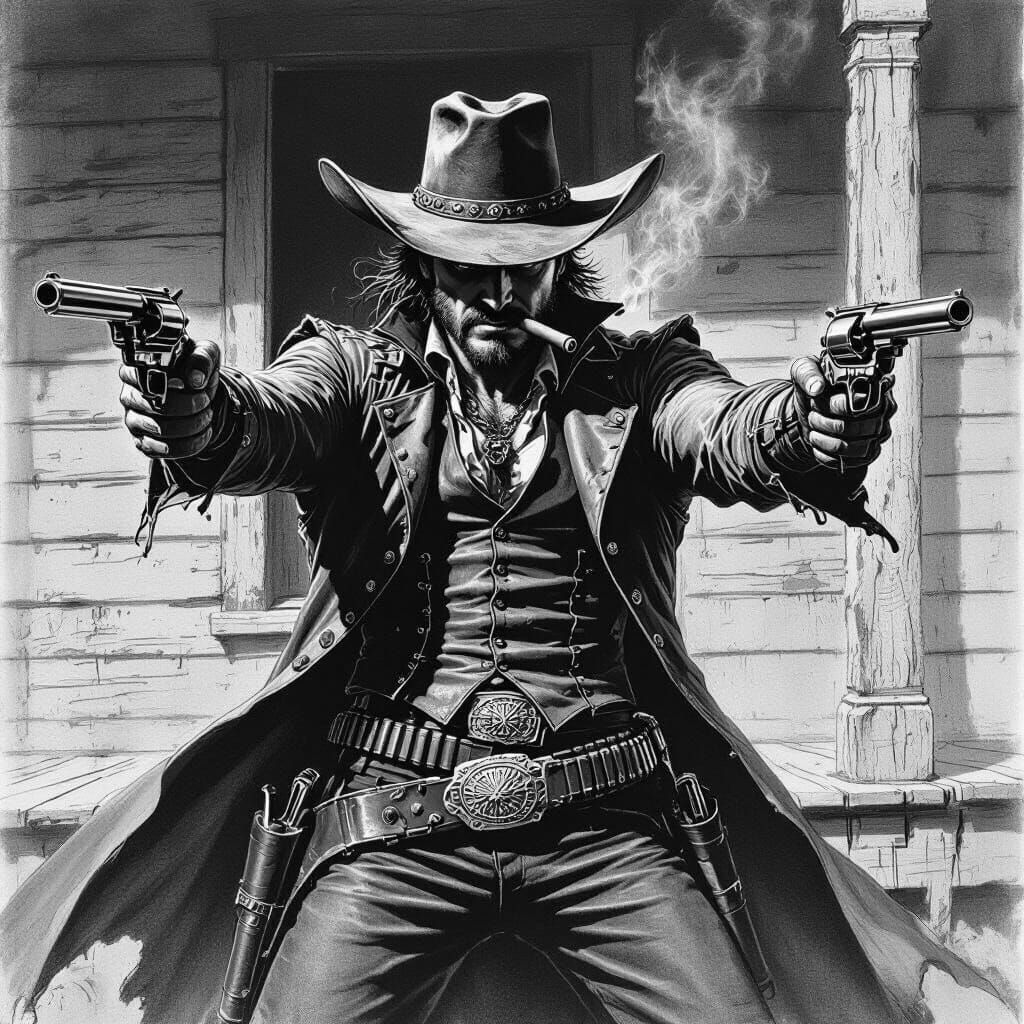 Western Fantasy Gunslinger in Hyperdetailed Charcoal Drawing