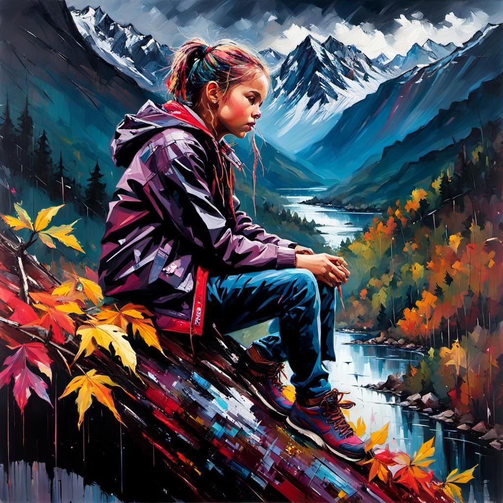 Raven in Rainy Mountain Landscape, Tachisme Style