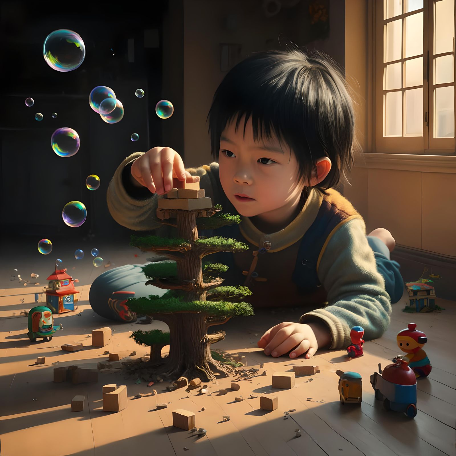 Boy Building Tower in James Jean Style