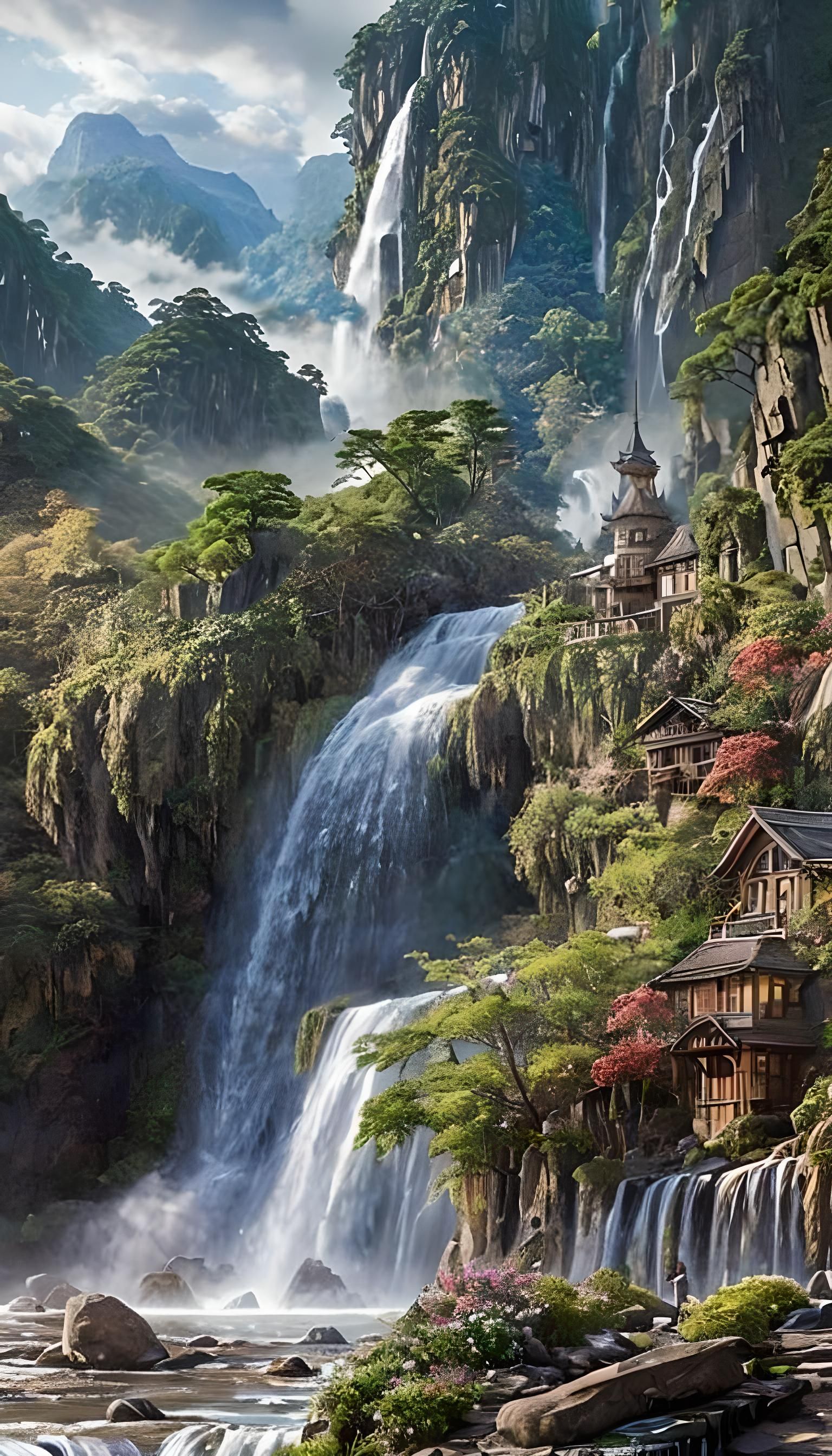 Majestic Waterfall in High-Fantasy Landscape