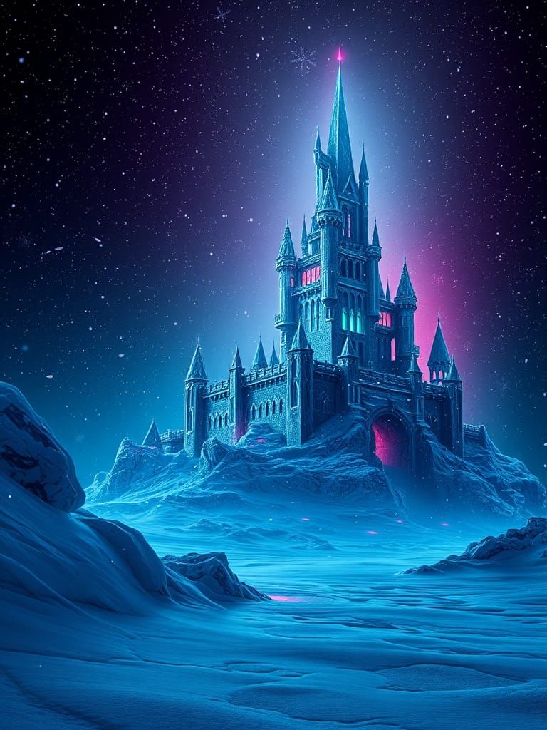 Ice Fortress in Neon Blizzard, Tissue Paper Collage Style