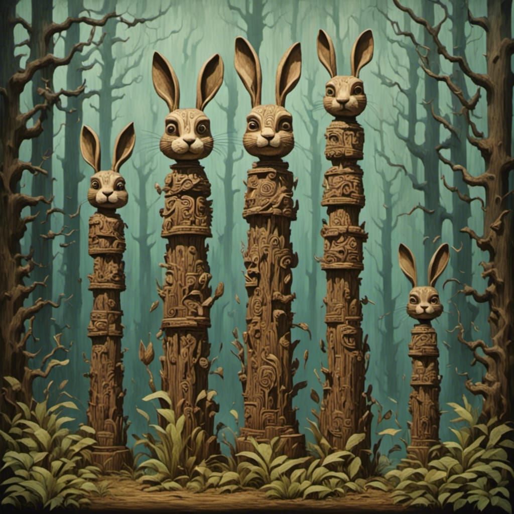 Impressionistic Bunny Totem Poles Carved from Oak
