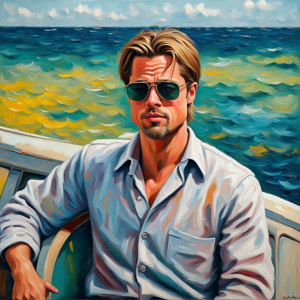 Brad Pitt Driving a Convertible as Neo-Impressionist Oil Pai...