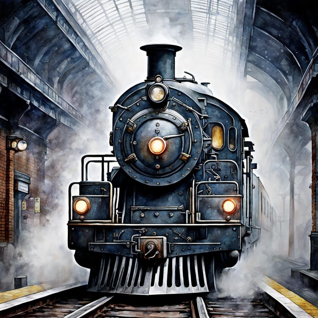 Zulu Warrior in Dreary Steampunk Subway: Watercolor Splash A...