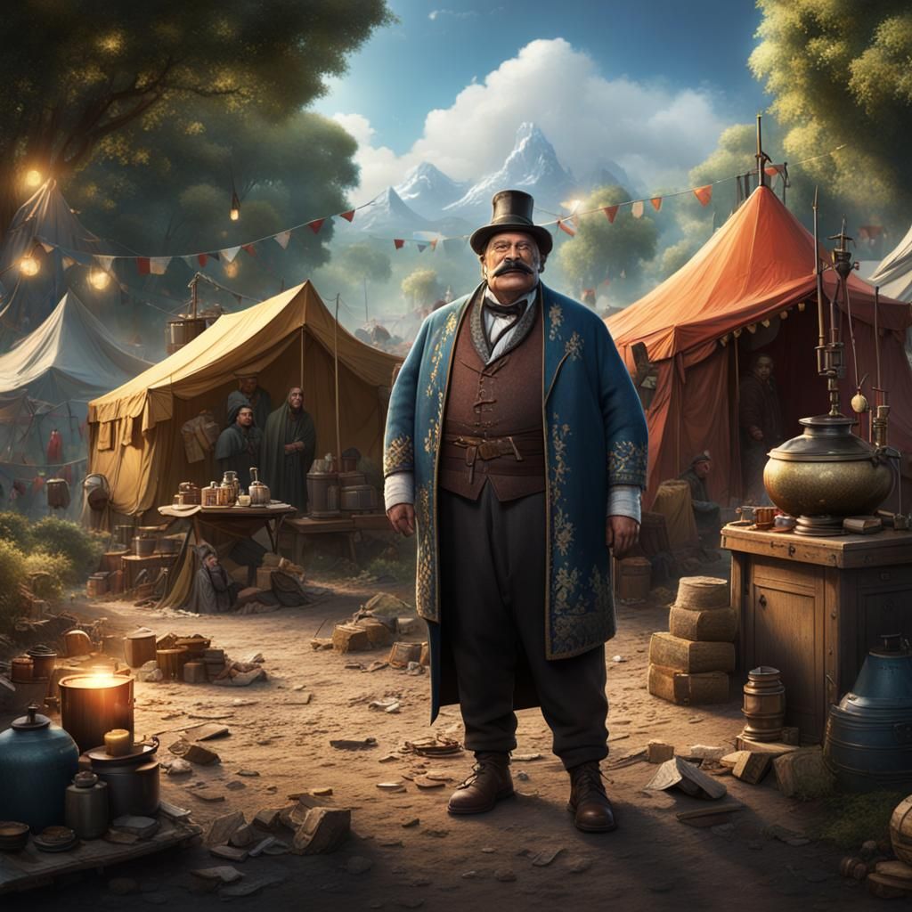 Obese Caravan Merchant in Rich Tent Camp: Fantasy Art