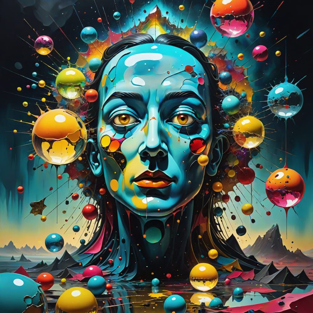 Surreal Figure Surrounded by Floating Concepts