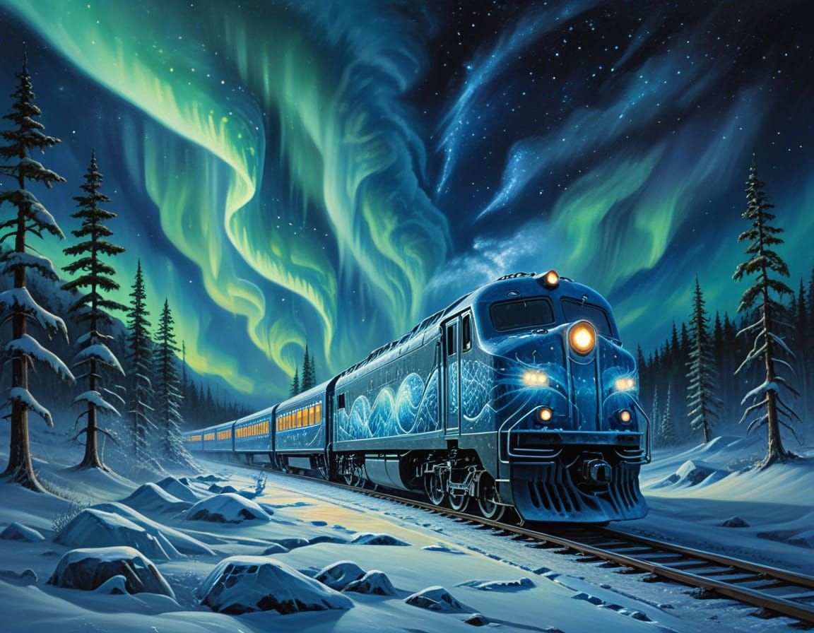 Whimsical Ice Train Gliding Under Aurora Borealis