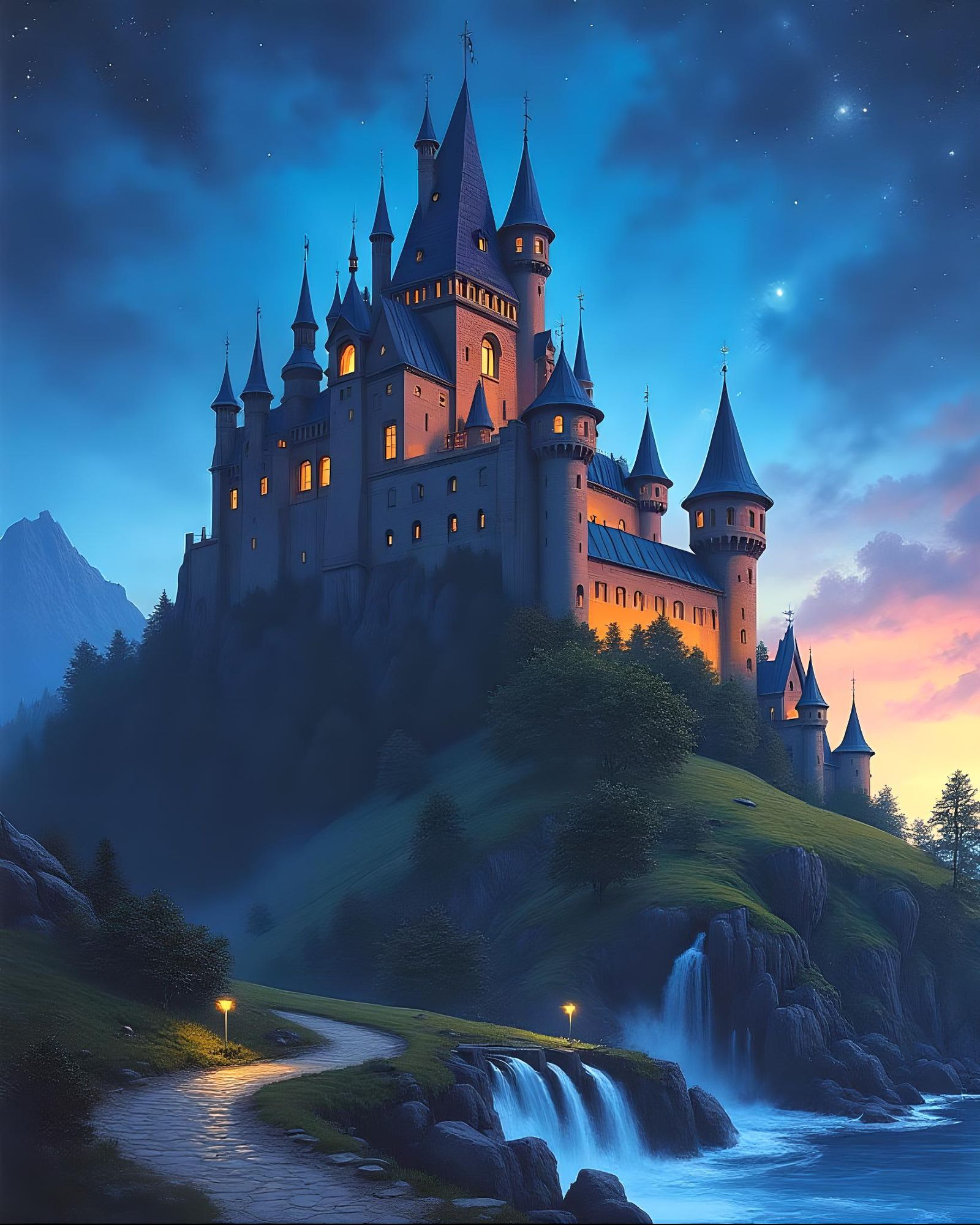 Fantasy Castle with Spiraled Turrets in Watercolor
