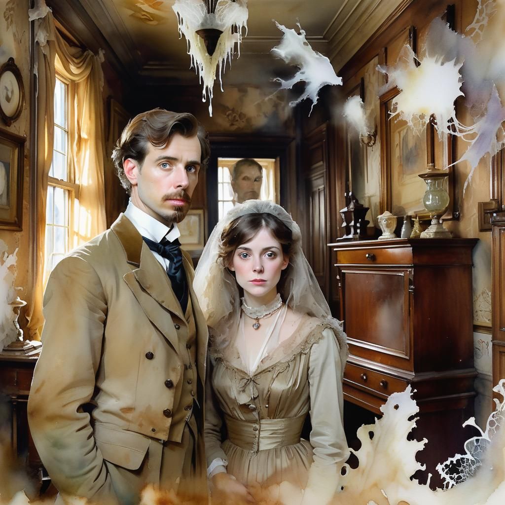 Ghost Investigators in Abandoned Mansion, Watercolor Style