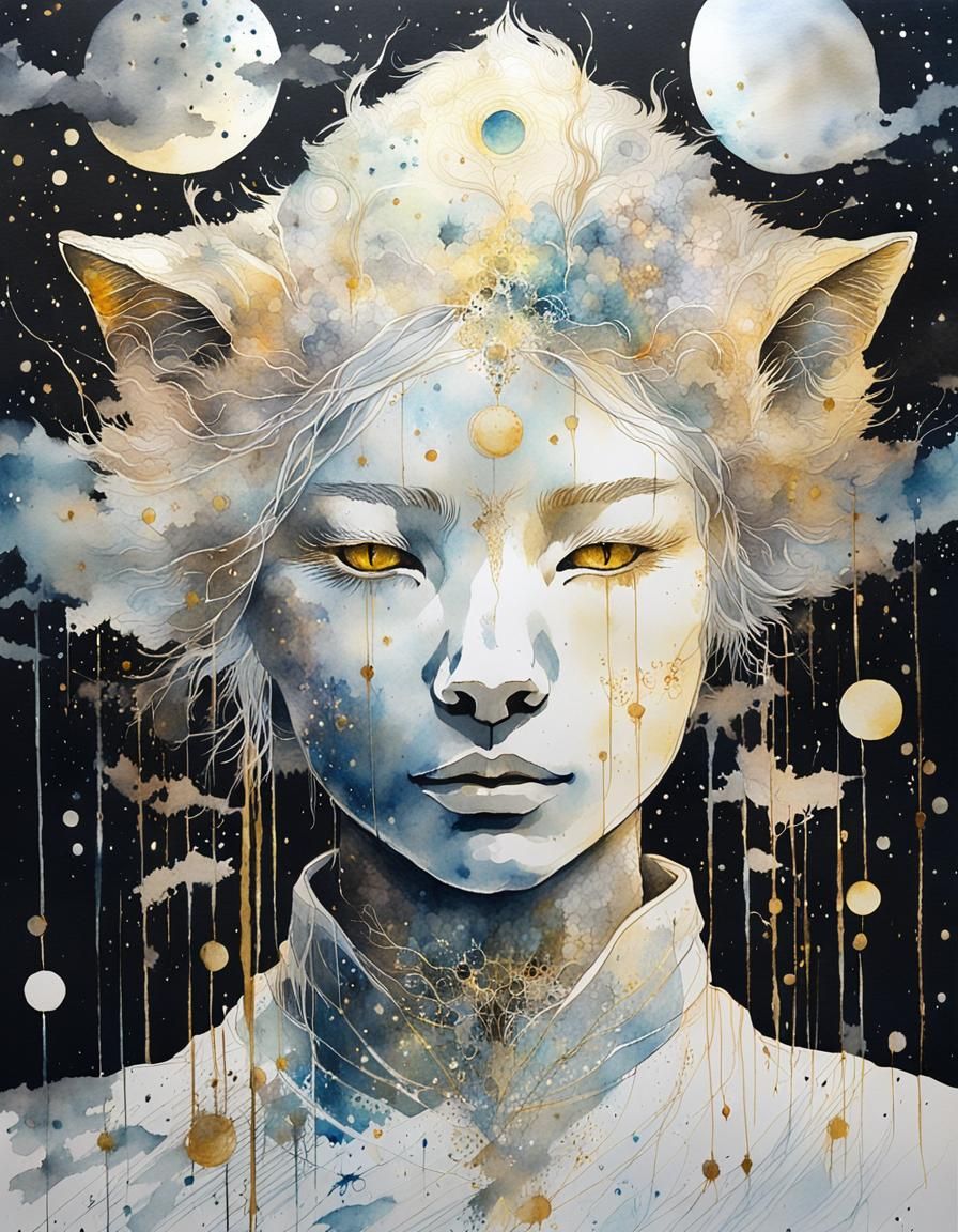 Mystical Cat Under Eclipse in Silk Painting Style