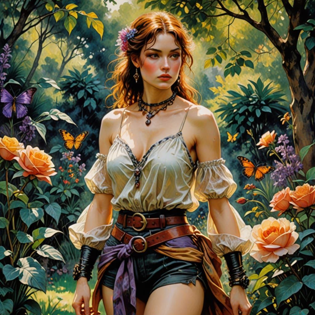 Glamorous Sci-Fi Explorer in Garden, Chiaroscuro Lighting