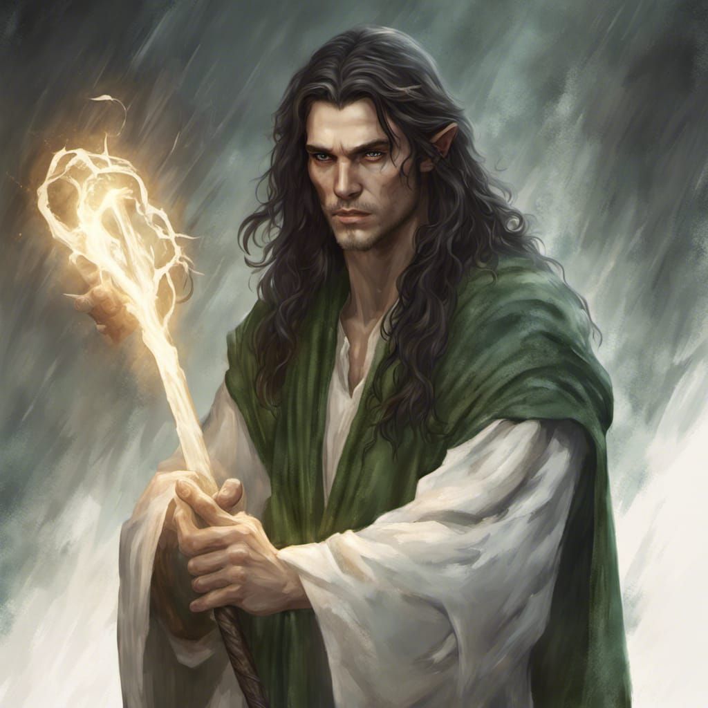 Half Elf Wizard with Twisted Staff in Dark Fantasy Style