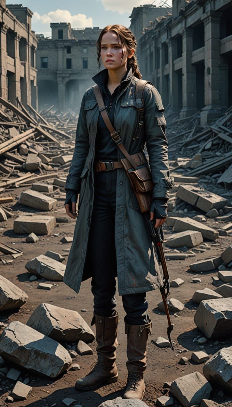 Hyperrealistic Hunger Games Arena Scene with Poised Hunter